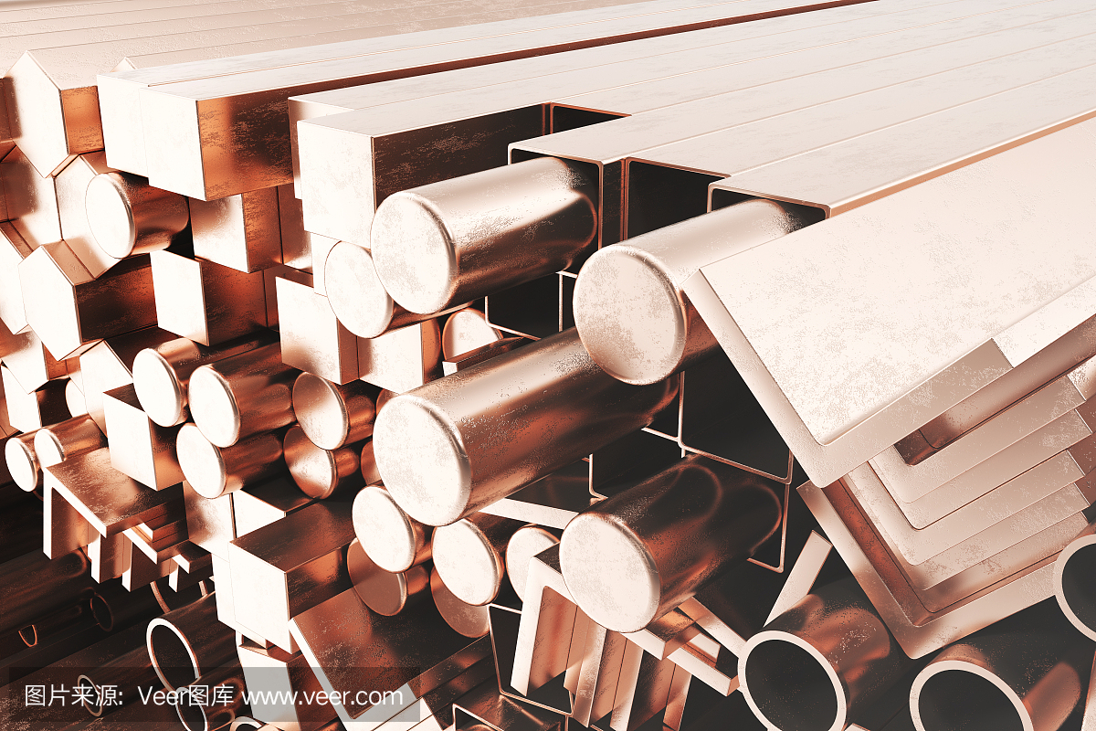 圆柱铜钢型材,六角铜钢型材,方形铜钢型材。不同铜钢制品,3D插图